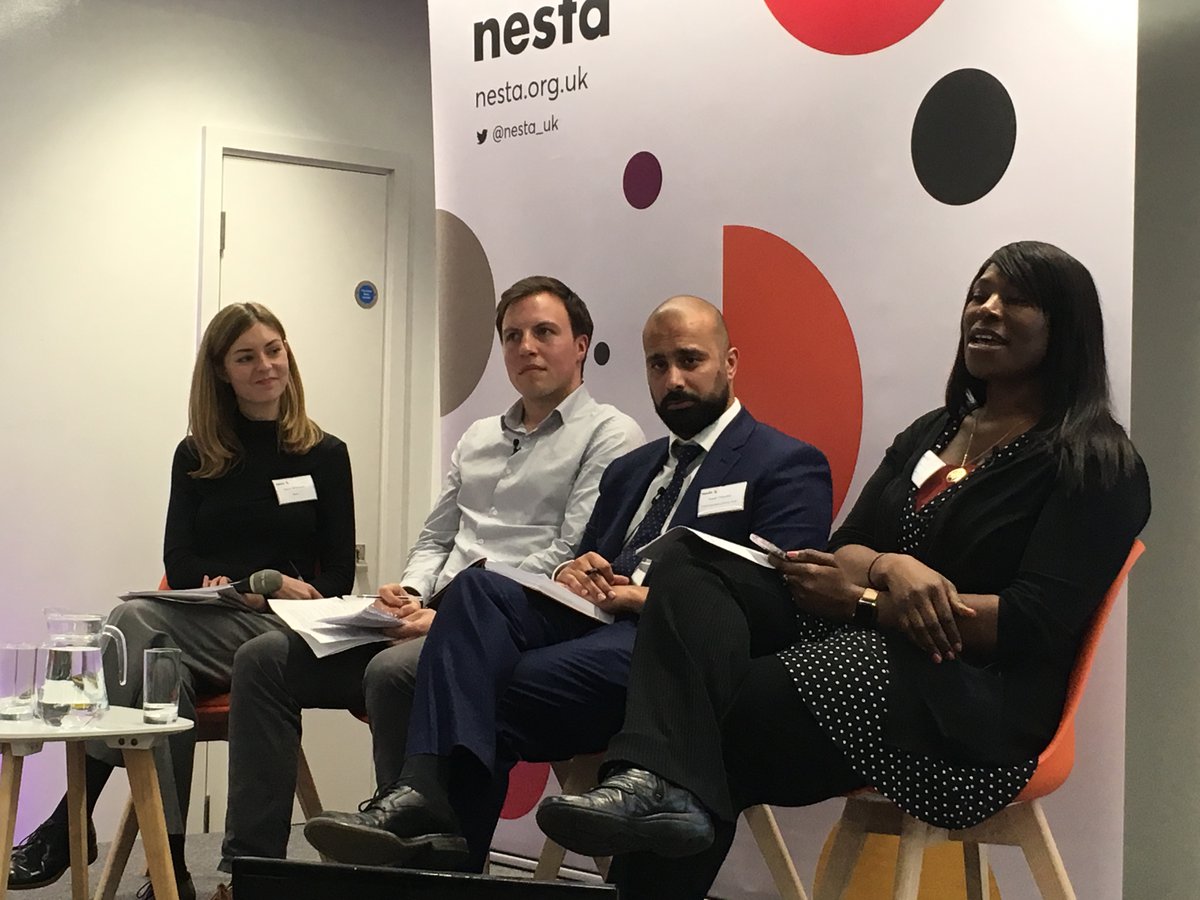 Panellists on stage at Nesta's Breaking the Mould event. Left to right: Nancy Wilkinson, Nesta; Jon Fitzmaurice, BSA; Saqib Chaudhri, Oasis Academy Shirley Park; Ndidi Okezie, Pearson