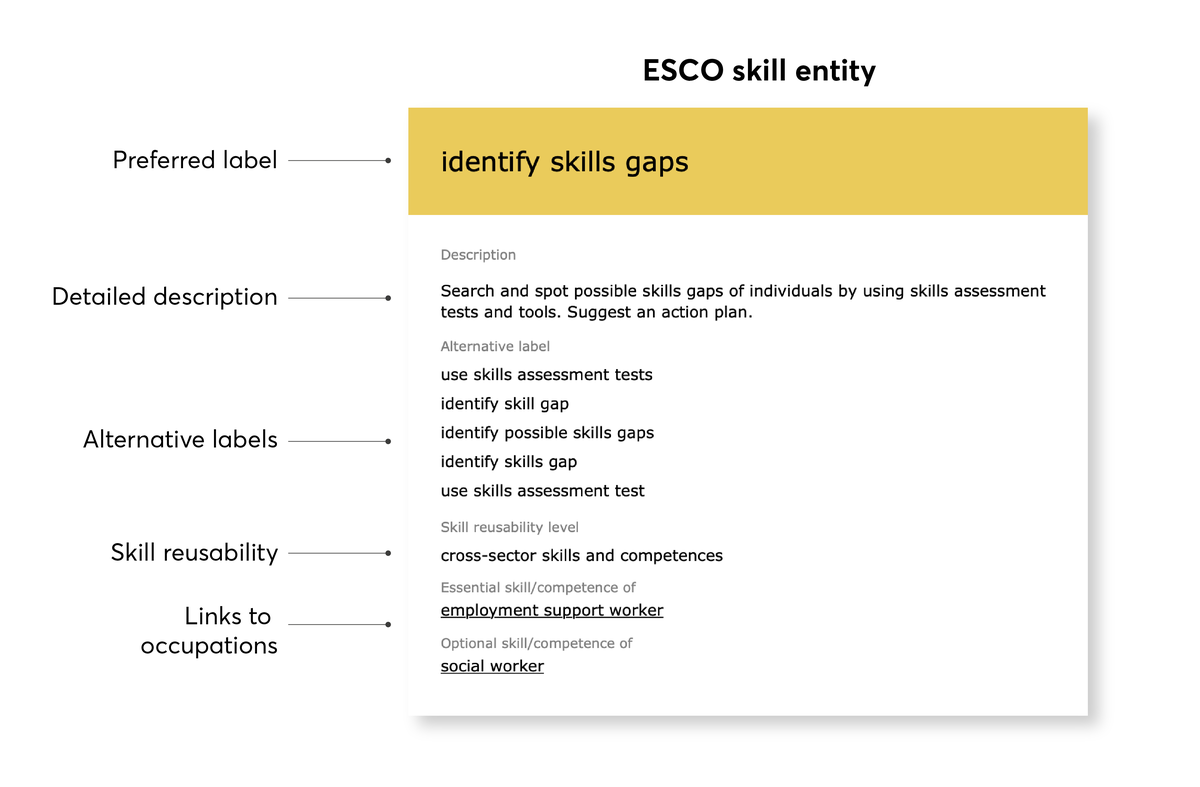 Example of an ESCO skill entity with the preferred label  ‘identify skills gaps’.